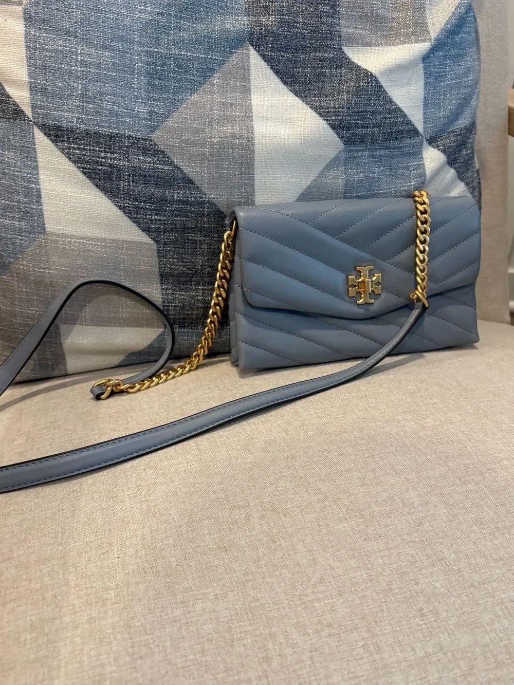 Tory Burch blue Chevron Quilted Leather Kira Wallet On Chain